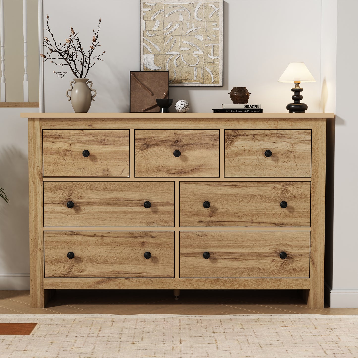 Modern Minimalist Dining Cabinet With Large Capacity, Buffet With Several Drawers, Original Wooden Coffee Bar Cabinet With 7 Drawers For Entrance, Kitchen, Dining Room And Living Room