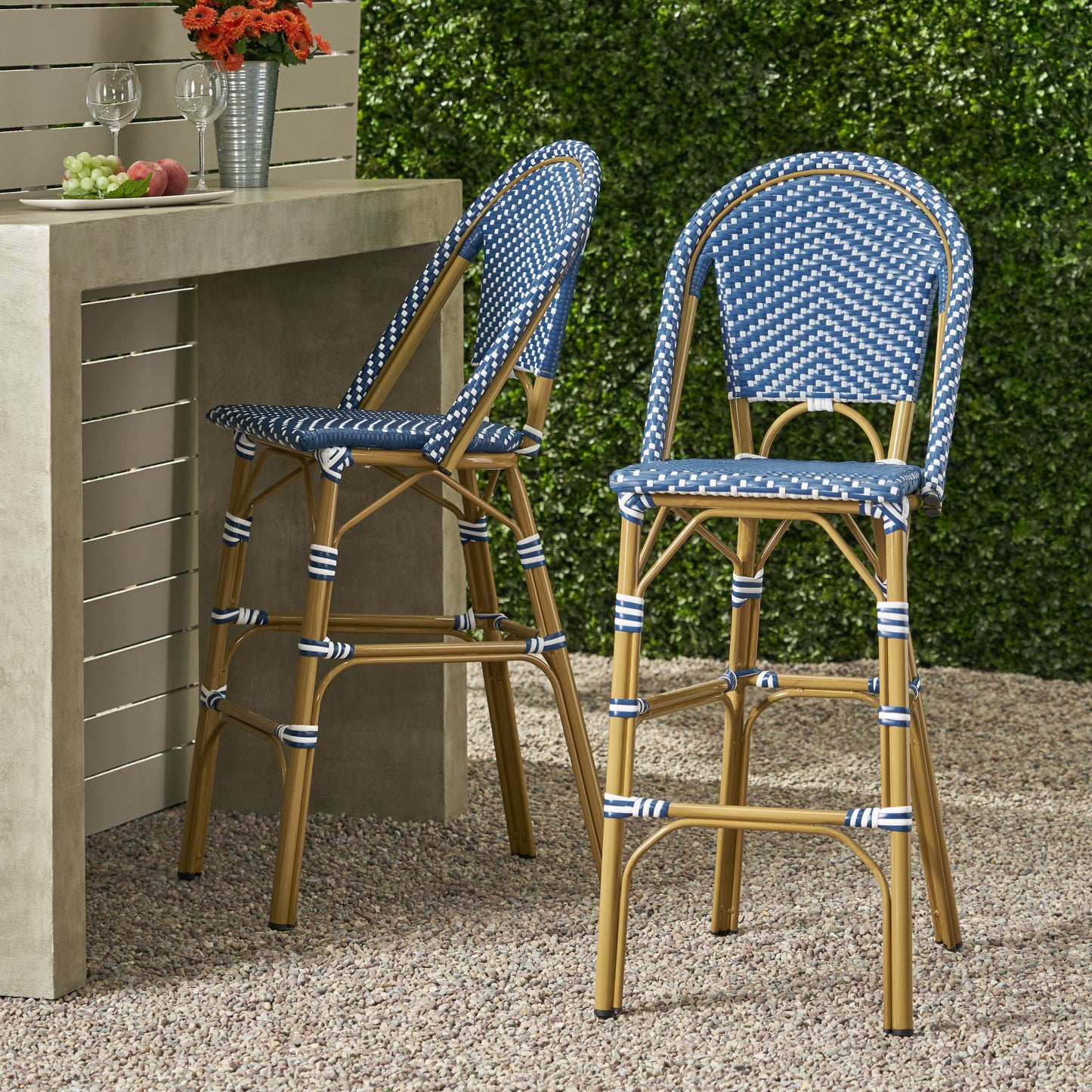 29.5 Outdoor PE Rattan French Barstool, Dark Teal And White, Aluminum Frame With Bamboo Finish  Set Of 2