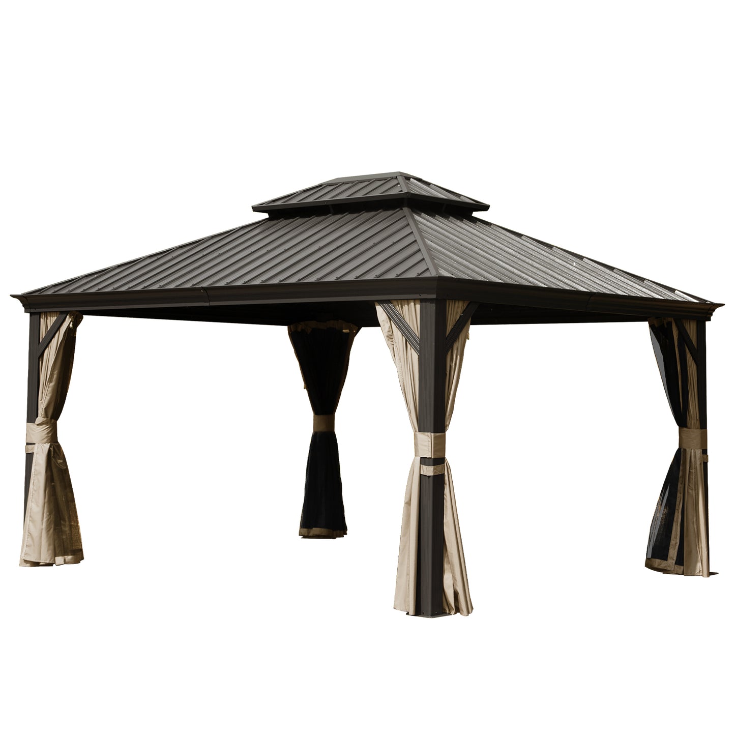 10   X 14   Hardtop Gazebo Permanent Outdoor Gazebo With Galvanized Steel Double Roof, Aluminum Frame, Curtains And Netting For Patio Lawn And Garden, Brown