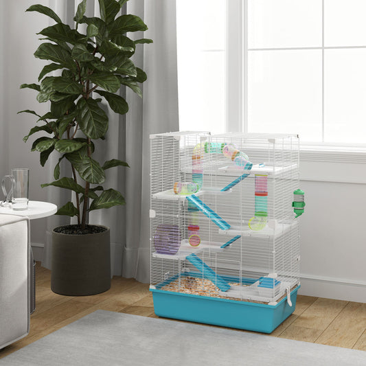 6 Tier Hamster Cage with Tubes and Tunnels, Hut, Wheel, Food Dish, Water Bottle, Ramps, for Dwarf & Gerbil, Light Blue