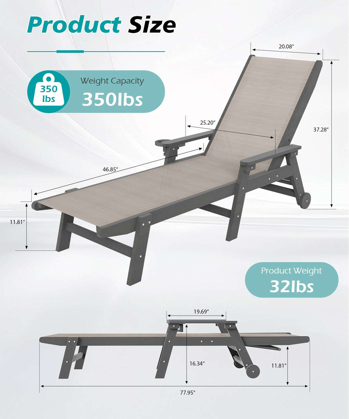 Outdoor Pool Lounge Chairs Set Of 2, HDPE Patio Lounge Chair With Wheels, Chaise Lounge Chair For Pool, Sunbathing Tanning, Lawn, Khaki