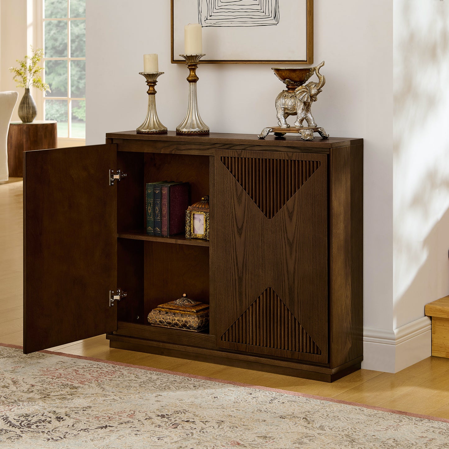 Mid Century Modern V-shape Storage Cabinet, Buffet Cabinet With Storage, Narrow Side Cabinet For Living Room Entryway Hallway Kitchen, Coffee Bar, Brown