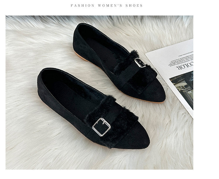 Women Furry Moccasins, Slip On Pointed Toe Block Heel Fleece Lined Shoes, Vintage Cow Suede Autumn Fairy Style Outdoor Driving Shoes