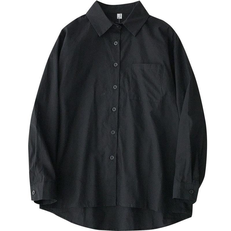 New Womens Korean-style Black Long-sleeve Shirt With A Lapel Collar