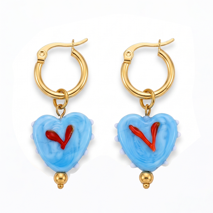 Y2K Light Blue Ceramic Heart Drop Earrings - 18K Gold Plated Stainless Steel Hoop Earrings - Cute Romantic Glazed Porcelain Jewelry Gift For Women