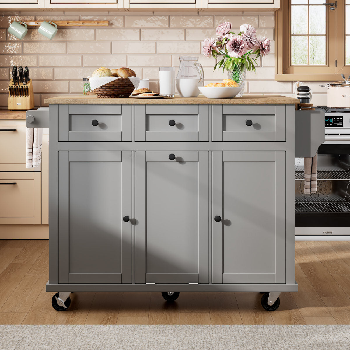Kitchen Island With Wheels, Pull-Out Dining Area Kitchen Island With Waste Bin Compartment And Drawers, Mobile Kitchen Island Ideal For Kitchen And Dining Room  Grey