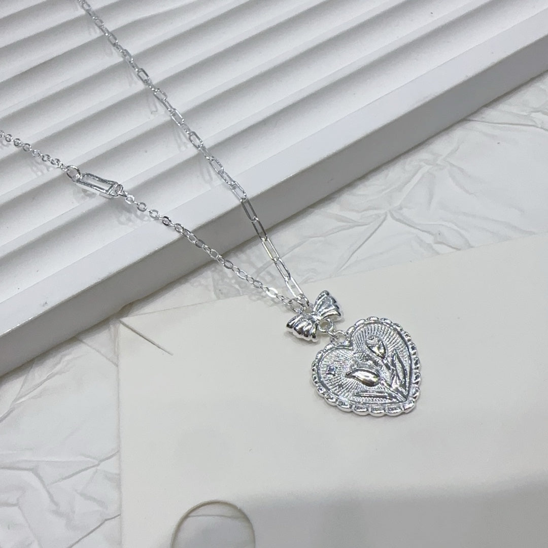 1pc 999 Sterling Silver Vintage Tulip Heart Pendant Necklace, Sweet & Retro Style, Perfect For Daily, Dating & Gifting, Ideal Valentine's Gift