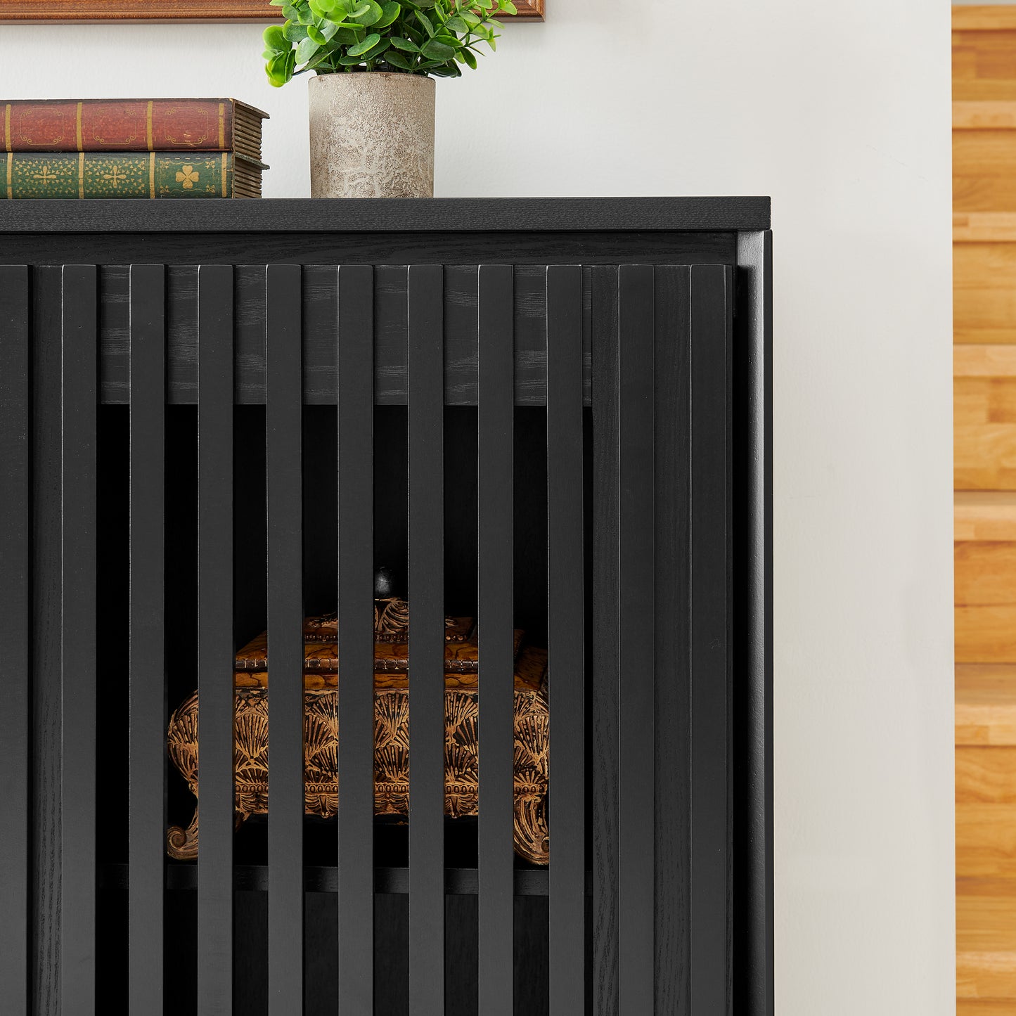 Mid Century Modern Fluted Hollowed Out Sideboard Cabinet With 2 Outlet Holes, Buffet Cabinet With Storage, Black Storage Cabinet For Living Room, Entryway, Hallway, Dining Room, Kitchen