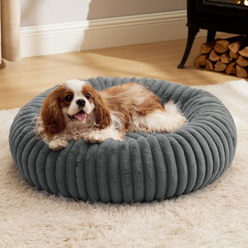Pet Bed High-Grammage Vertical-Stripe Rabbit Fur Plush Mat Long-Haired Round Cat Winter Warm Dog House