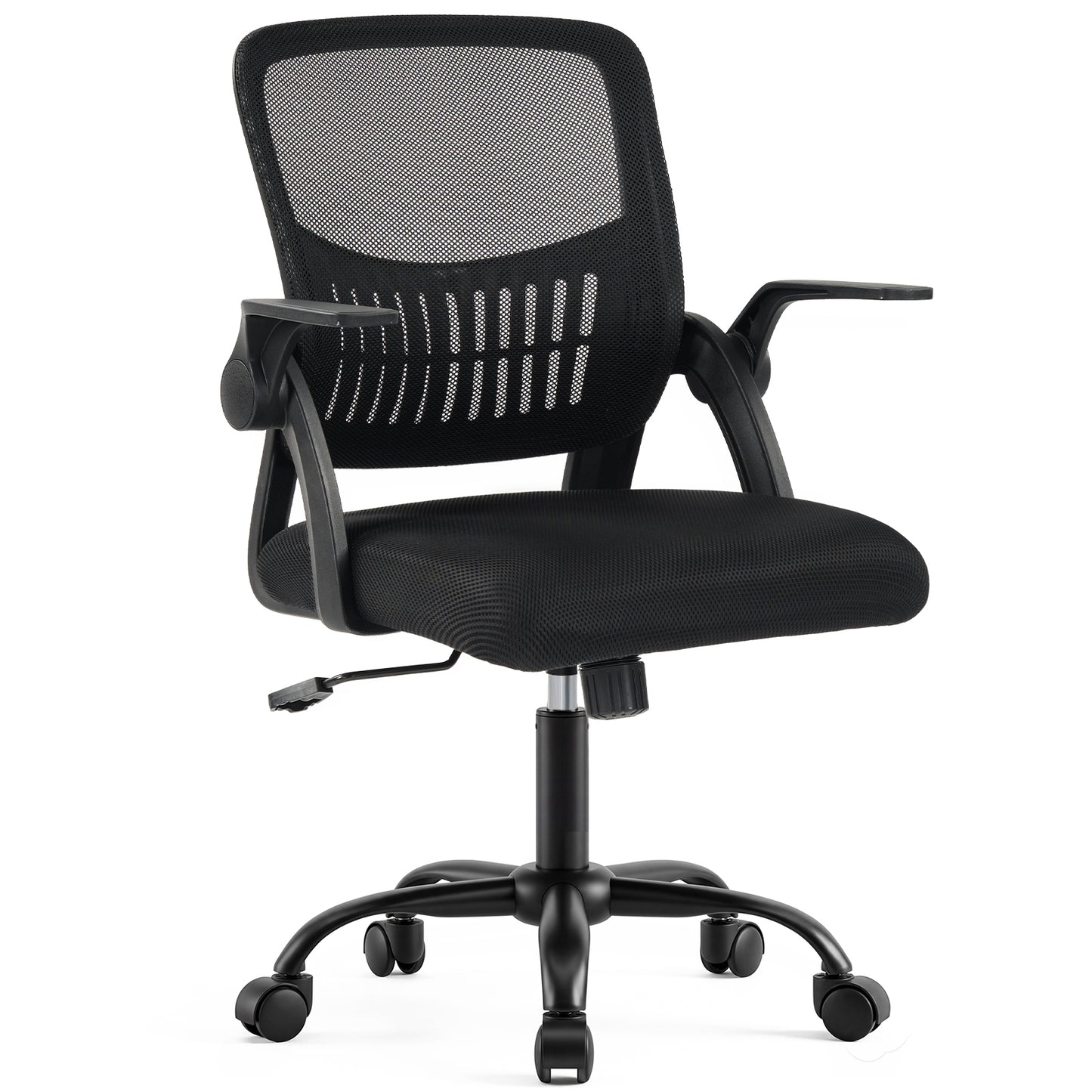The Flip-up Armrest Fabric Computer Desk Chair With Adjustable Rotating Backrest Offers Comfortable Lumbar Support.
