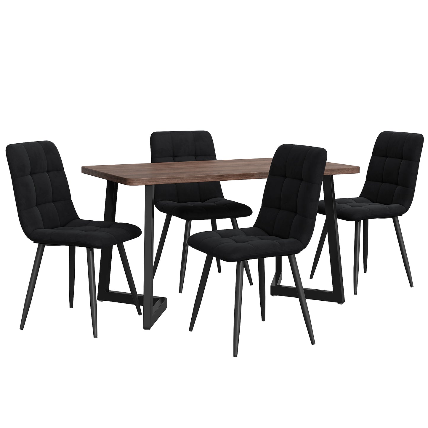 Dining Set  5 Pcs ,Dining Table With 4 Chairs Set, Modern Kitchen Table Set, Wood Grain Kitchen Table With Black Metal Legs, MDF Table Top In Walnut Color,Black Velvet Dining Chairs