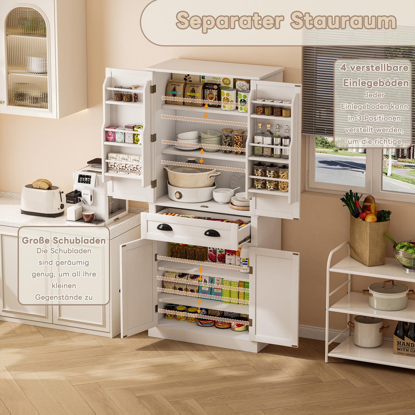 182 Cm Storage Cabinet, 4 Doors And 1 Drawer, 2 Doors With Shelves, 6 Storage Compartments And 4 Adjustable Shelves, Suitable For Kitchen, Dining Room And Living Room, White