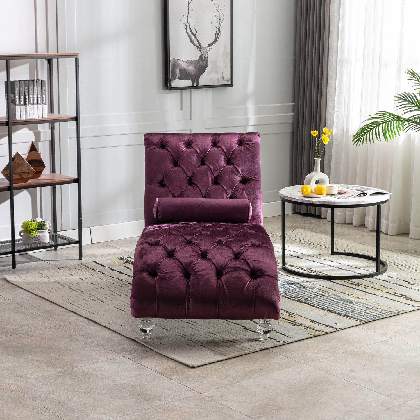 Velvet Chaise Lounge Indoor,Button-Tufted Upholstered Chaise Lounge Chair With Pillow For Bedroom Living Room Office  Purple Velvet