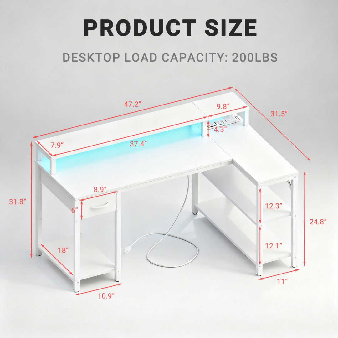 53-inch Gaming Table With USB Charging Port And LED Light, Reversible L-shaped Table With Power Socket And Monitor Stand