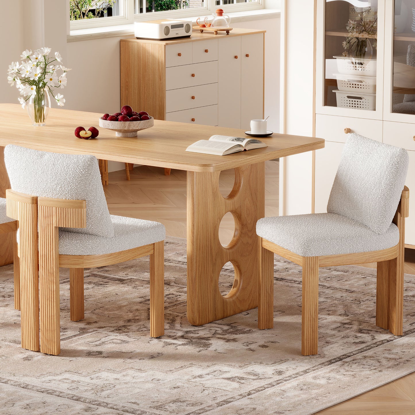 Indoor Boucle Dining Chair Set Of 2, Rubber Wood Frame, Plush Beige Boucle Seating, 250lbs Weight Capacity For Kitchen & Dining Room
