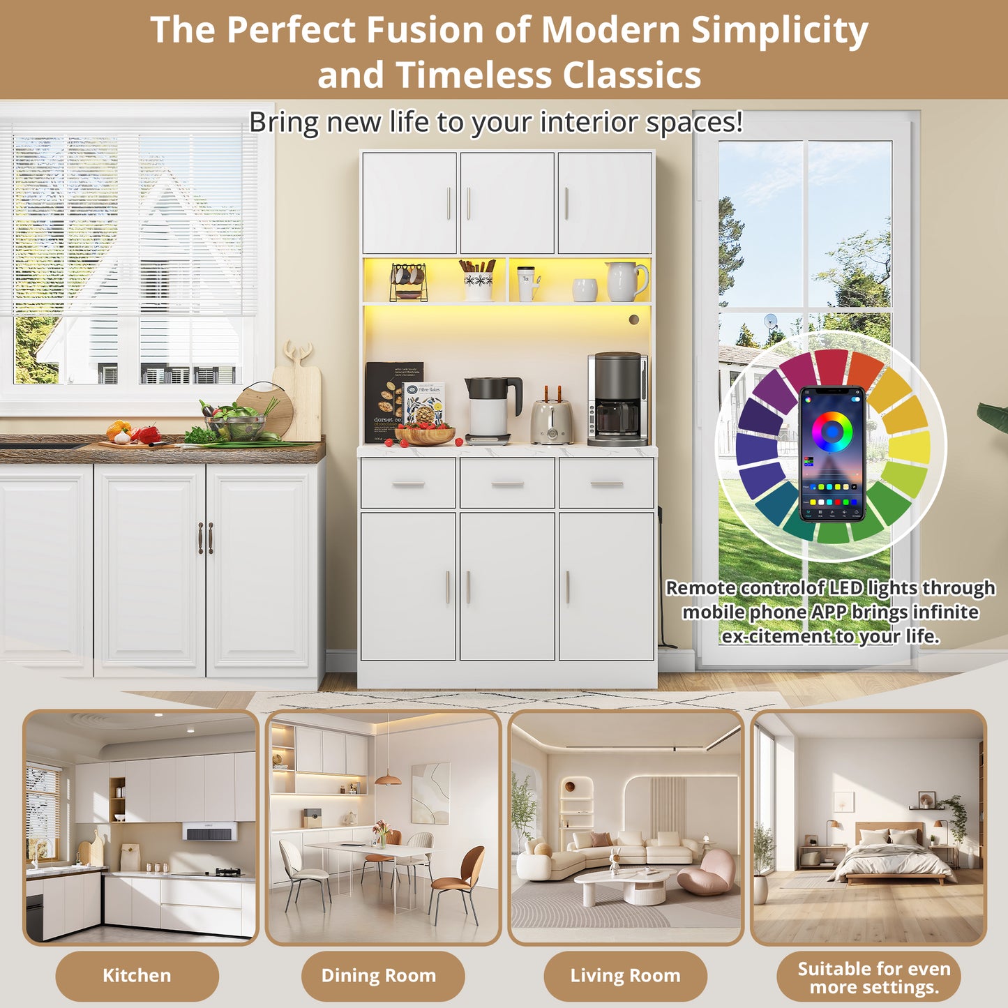 100x40x180cm, Kitchen Tall Cabinet, Pantry, Buffet Cupboard With LED App Controlled, Drawers, Adjustable Shelves, And Charging Station,  For Kitchens And Dining Rooms