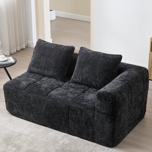 Comfortable Sofa For 2 People, No Assembly Required, Fluffy Sofa With A Cushion, Side Pockets For Remote Control And Mobile Phone, Neat And Stylish, Black