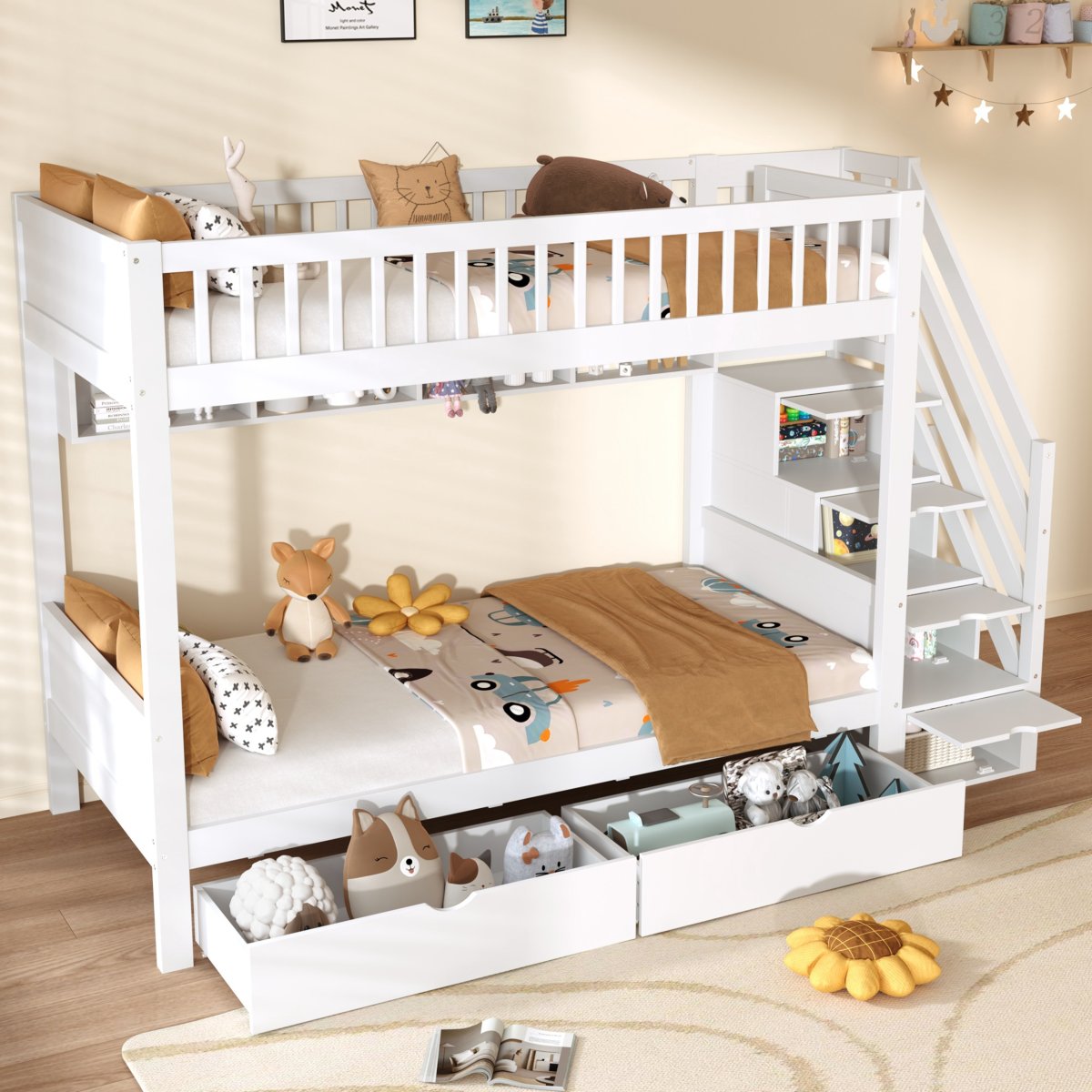 3ft Single Loft Bed With Under Bed Drawers, High-Quality Solid Wood Bunk Bed Frame With Integrated Stairway Storage, Shelving And Hidden Lockers, Safety Guardrails, White   No Mattress