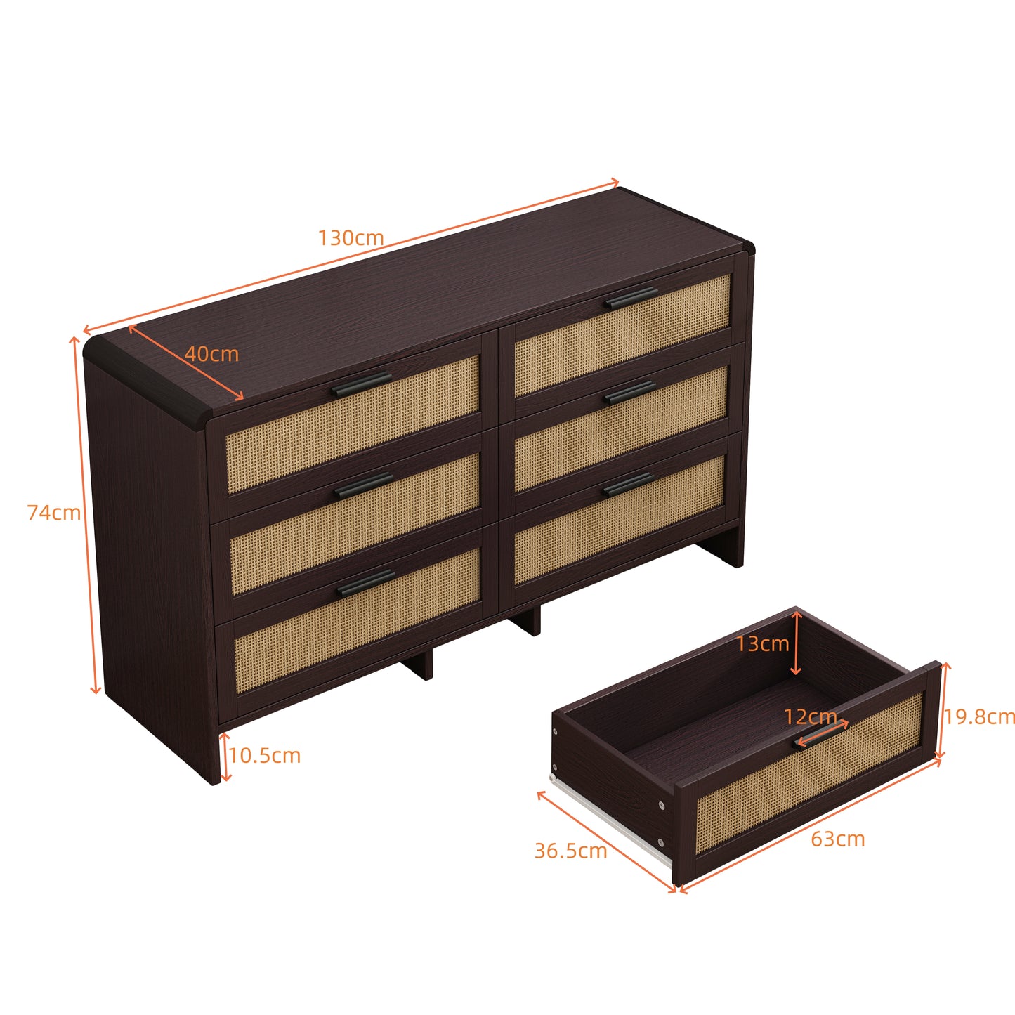 130CM  Shaped Corner Rattan Cabinet, 6-Drawers Rattan Storage Cabinet Rattan Drawer, For Living Room Bedroom,and Kitchen, Reddish-brown, Brown