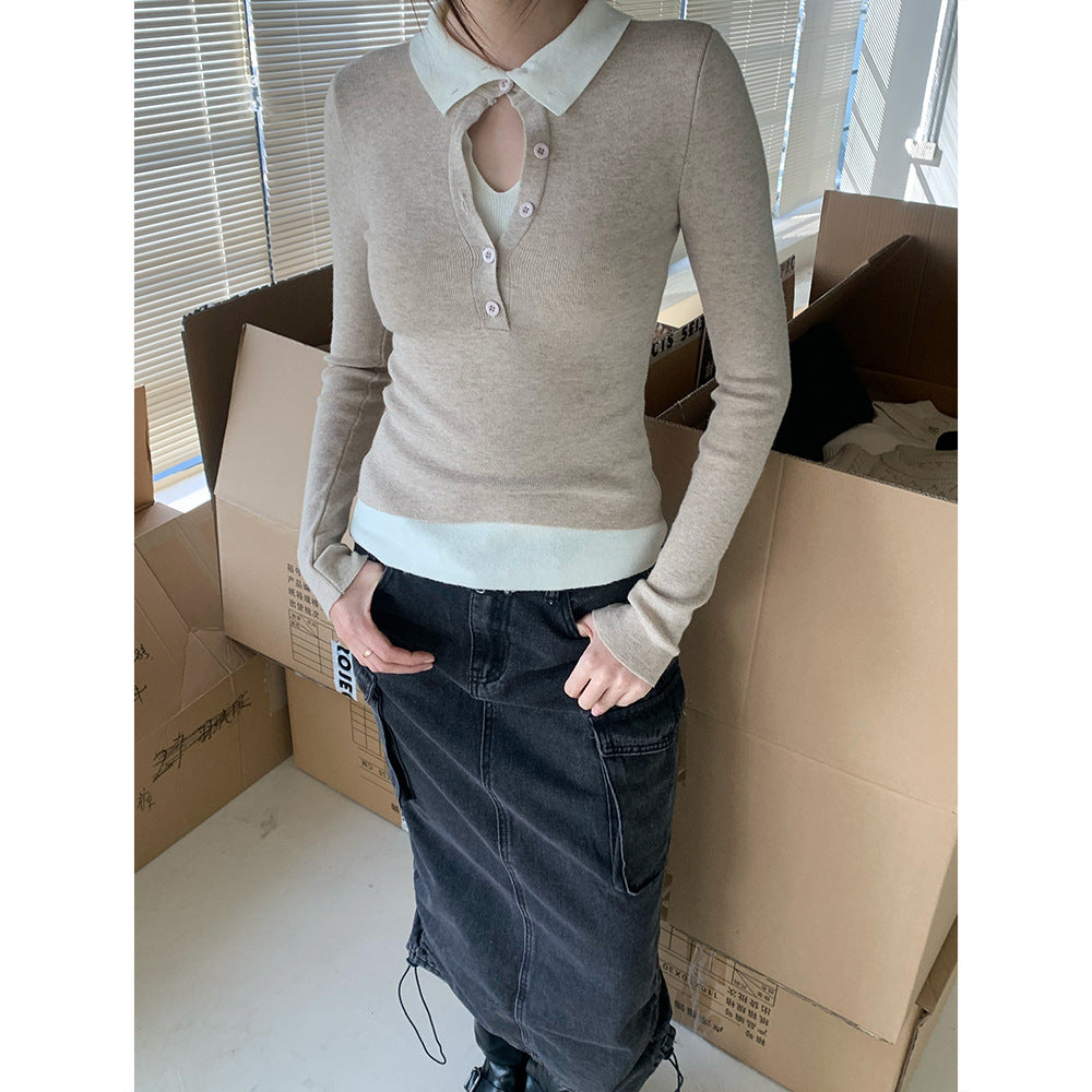 Korean Spring Stacked-Look Fake Two-Piece Color-Block Knit Sweater