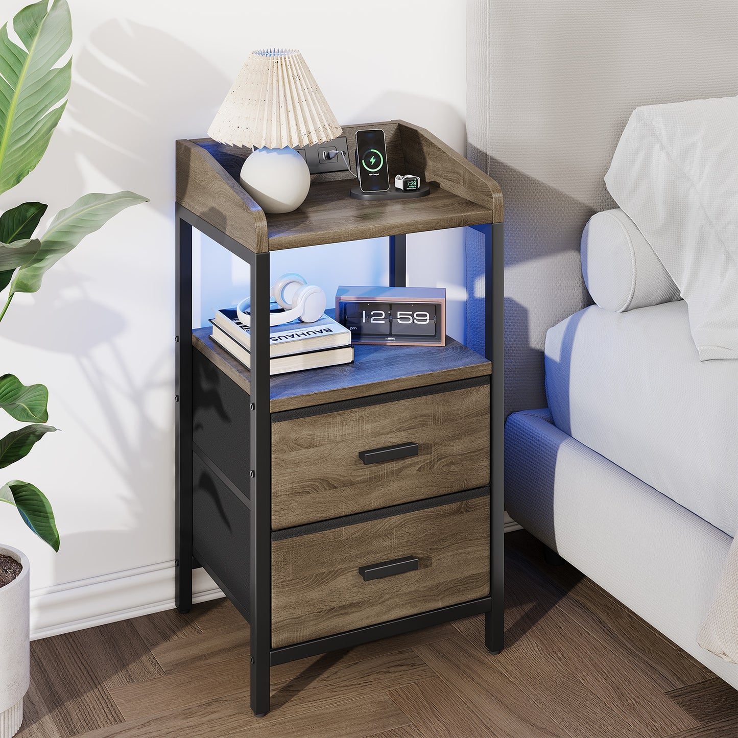 Nightstand With Charging Station Modern Bedside End Side Table With Guardrail Storage Shelf 2 Fabric Drawers USB Ports AC Outlets