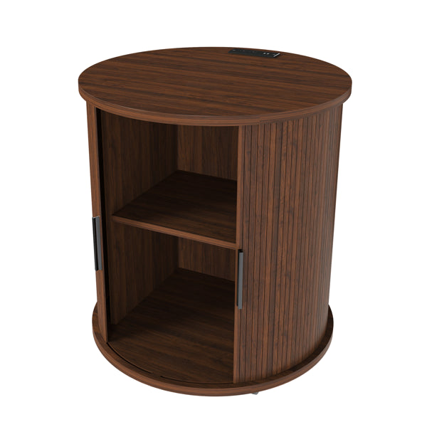 Set Of 2 Mid Century Modern Cylinder End Tables With Built-in Charging Station & Sliding Door, 2-Tier Storage Round Nightstands With USB Ports, Walnut Bedside Tables For Living Room, Bedroom, Entryway