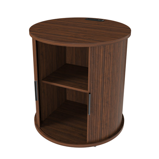 Set Of 2 Mid Century Modern Cylinder End Tables With Built-in Charging Station & Sliding Door, 2-Tier Storage Round Nightstands With USB Ports, Walnut Bedside Tables For Living Room, Bedroom, Entryway