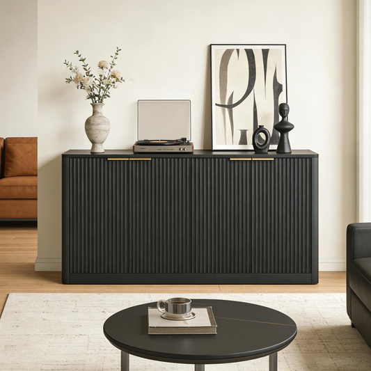150cm Modern Sideboard With Wave Shape,Storage Cabinet With Curved Contour Design,4 Door Cabinet With Storage Function,Suitable For Kitchen Bedroom Living Room,Black,150x40x70.5cm