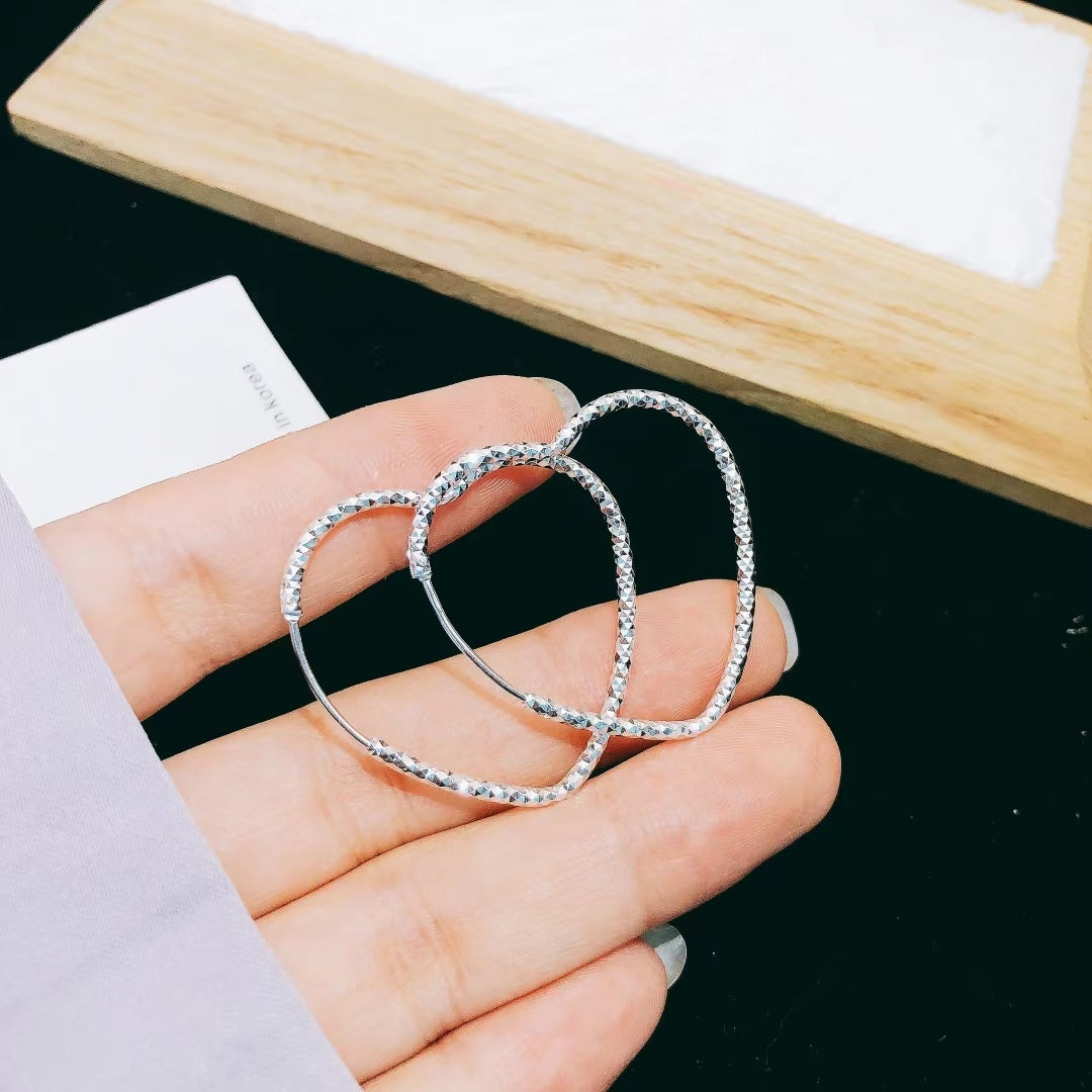1 Pair 999 Sterling Silver Sparkly Geometric Hoop Earrings, Minimalist Style, Perfect For Daily Wear And Valentine's Gift