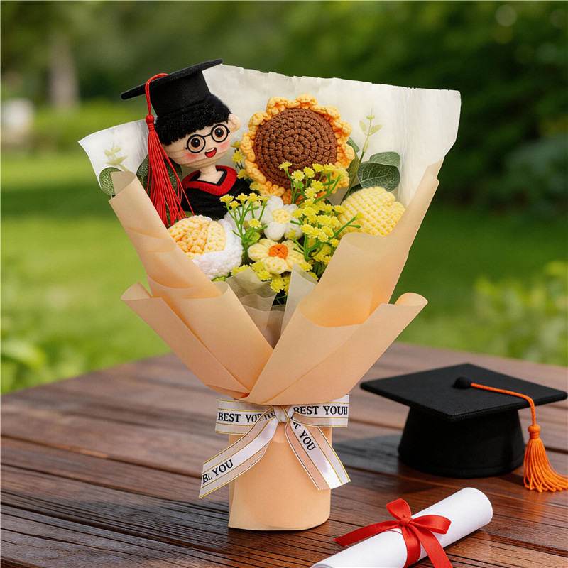 Handmade Crocheted Flower Bouquet, Graduate Figurine Paired With Knitted Sunflower Blossoms, Soft Yarn Everlasting Knitted Bouquet, Indoor Home Decorative Ornament