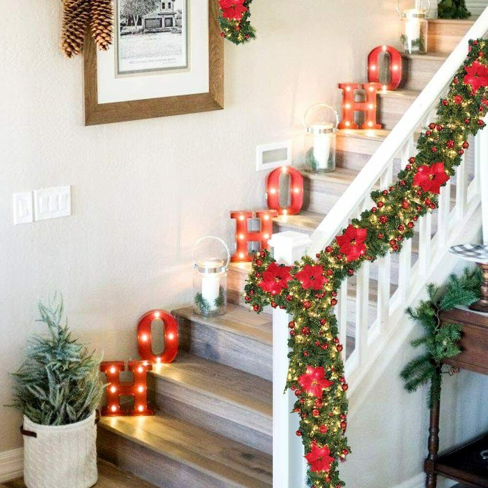 9FT Xmas Christmas Garland Artificial Wreath With LED Lights Stairs Home Rattan Red