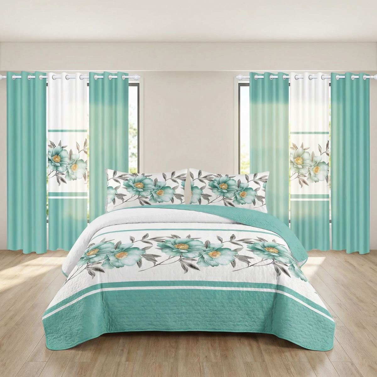 9 Piece Room In A Bag Quilt And Curtain Set, US Designer Teal Floral Botanical Print Heavyweight Bedspread With 6 Customizable Window Panels, Pet-Friendly High GSM Coverlet