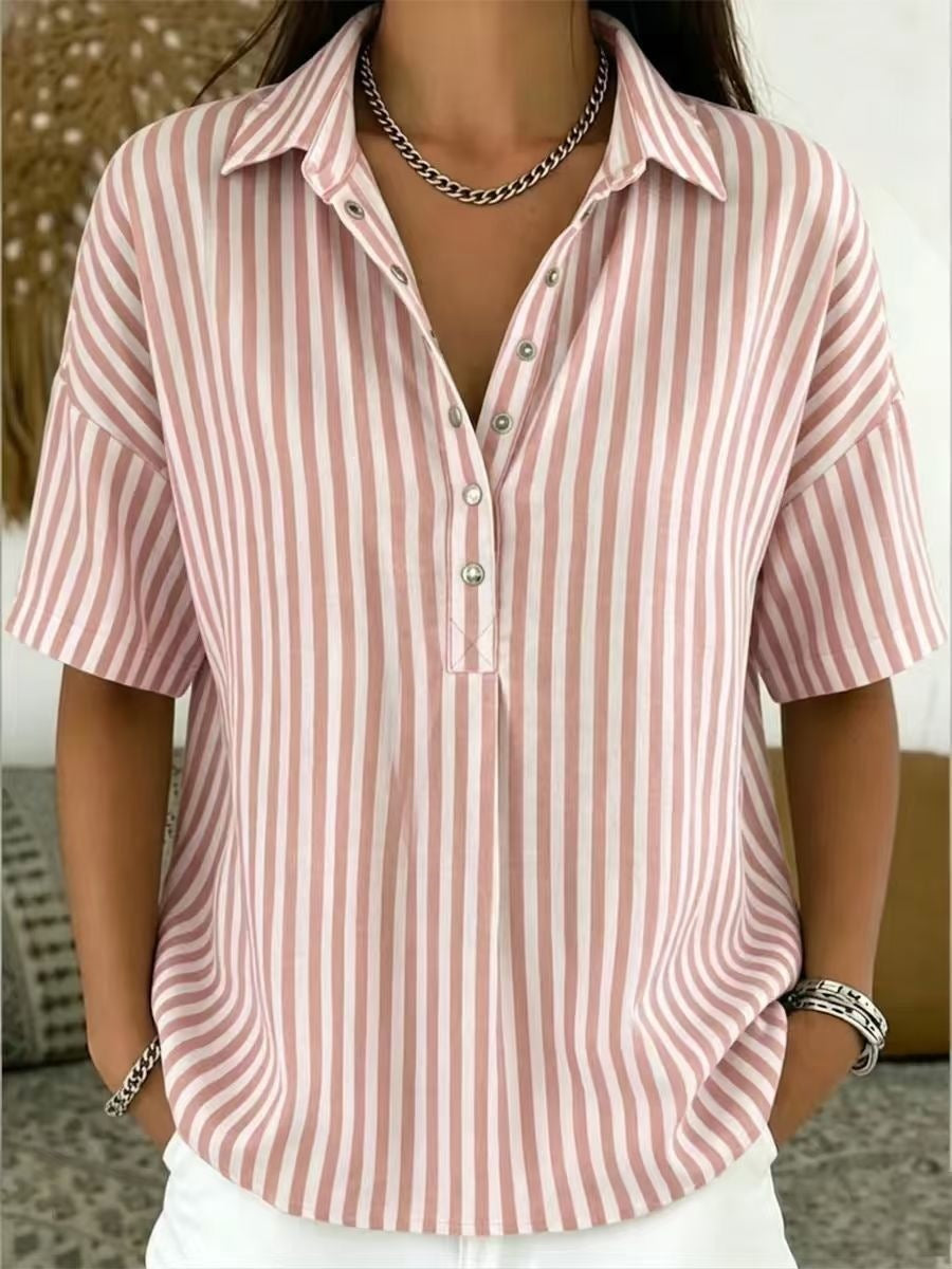 Womens Fashion Casual Striped Short-sleeve Shirt