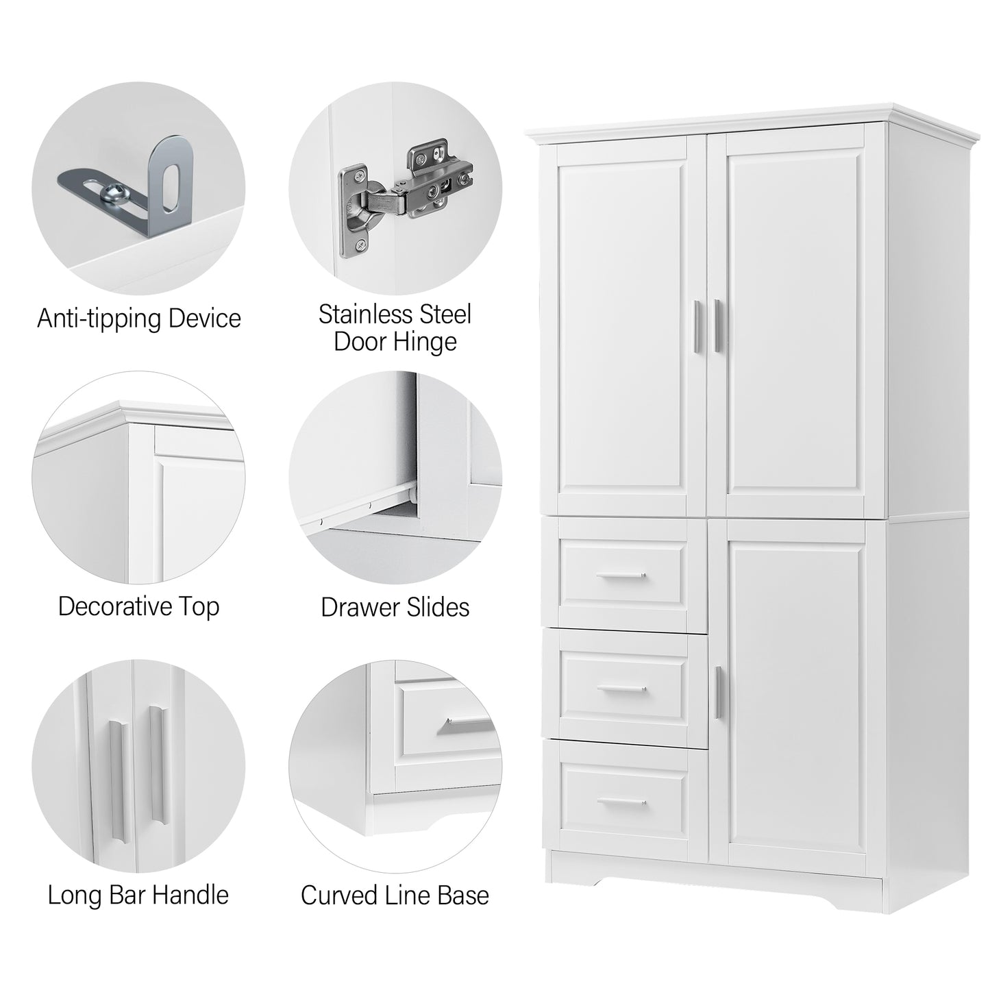 Tall And Wide Storage Cabinet With Doors For Bathroom Office, Three Drawers, White