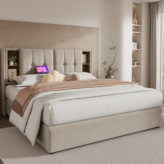 AB20359798N Double Bed With Wireless Charging USB C, Upholstered Bed Bed Frame 180x200cm, Bed Frame With Storage Slatted Frame Made Of Wood-natural Linen