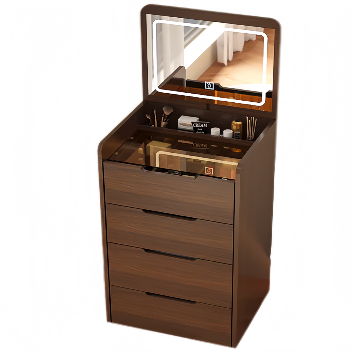 60cm 3 In 1 Vanity Desk With Plip Top Mirror, Small Make Up Vanity Set With Visible Glass Desktop, Compact Makeup Vanity With 3 Drawers, Dressing Table For Bedroom Walnut Color