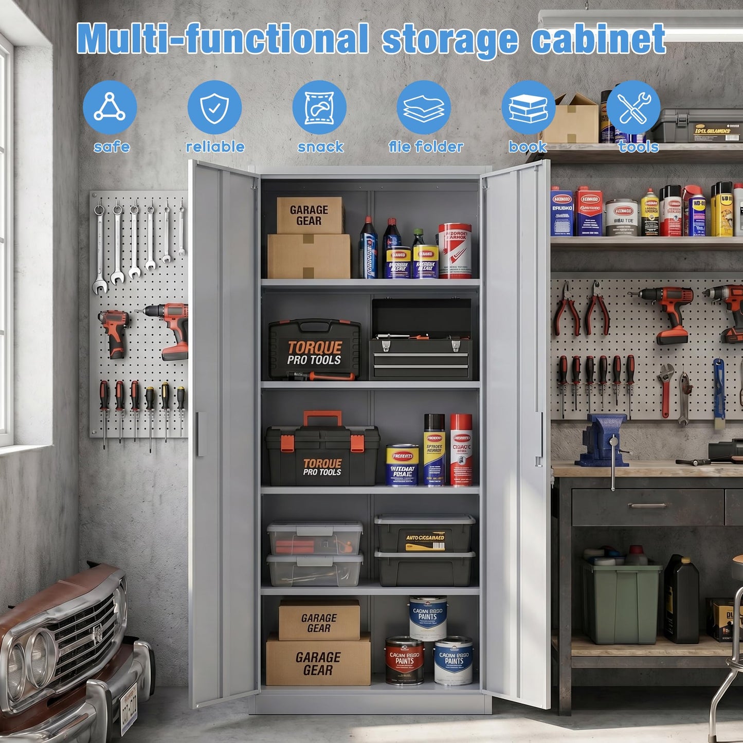 Metal Garage Storage Cabinet, Lockable Steel Storage Cabinet With 4 Adjustable Shelves For Garage, Office, Home, Assembly Required, Gray
