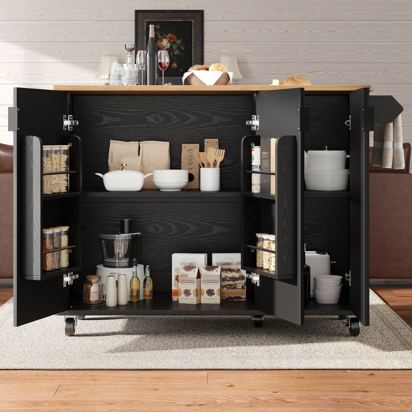 Kitchen Island, Dining Car With Wood Grain, Buffet, 130x45 X92cm, Pull-out Kitchen Trolley On Wheels With Towel Rail, Spice Rack, Dividers Adjustable, 3 Doors, White Black