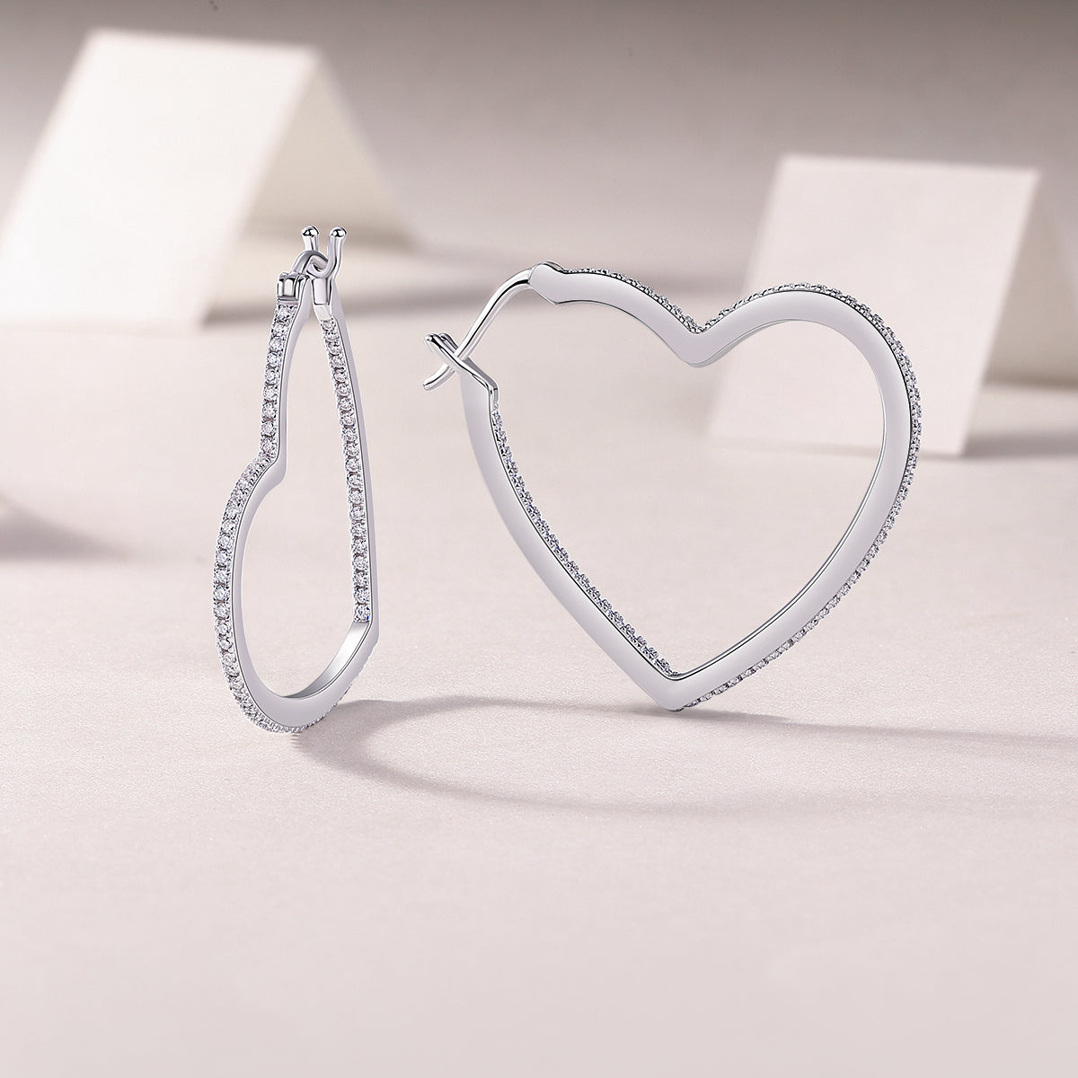 S925 Sterling Silver Open Heart Hoop Earrings, 44 D-VVS1 Moissanite Pave, Platinum Plated 5.4g Women's Jewelry Gift Box