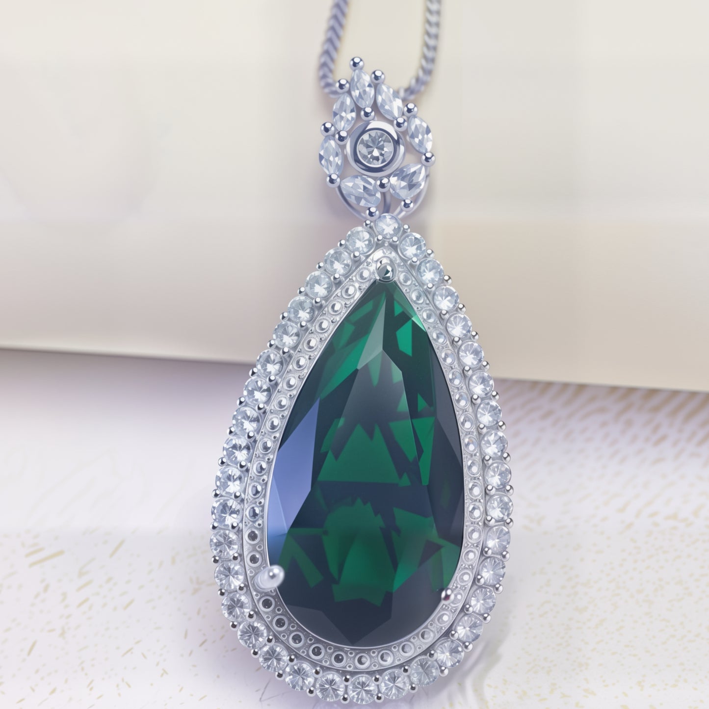 Pear Cut Simulated Emerald Double Halo Pendant Necklace For Women, Copper Plated Silver White Cubic Zirconia Vintage Royal Bridal Wedding Statement Fine Jewelry Gift