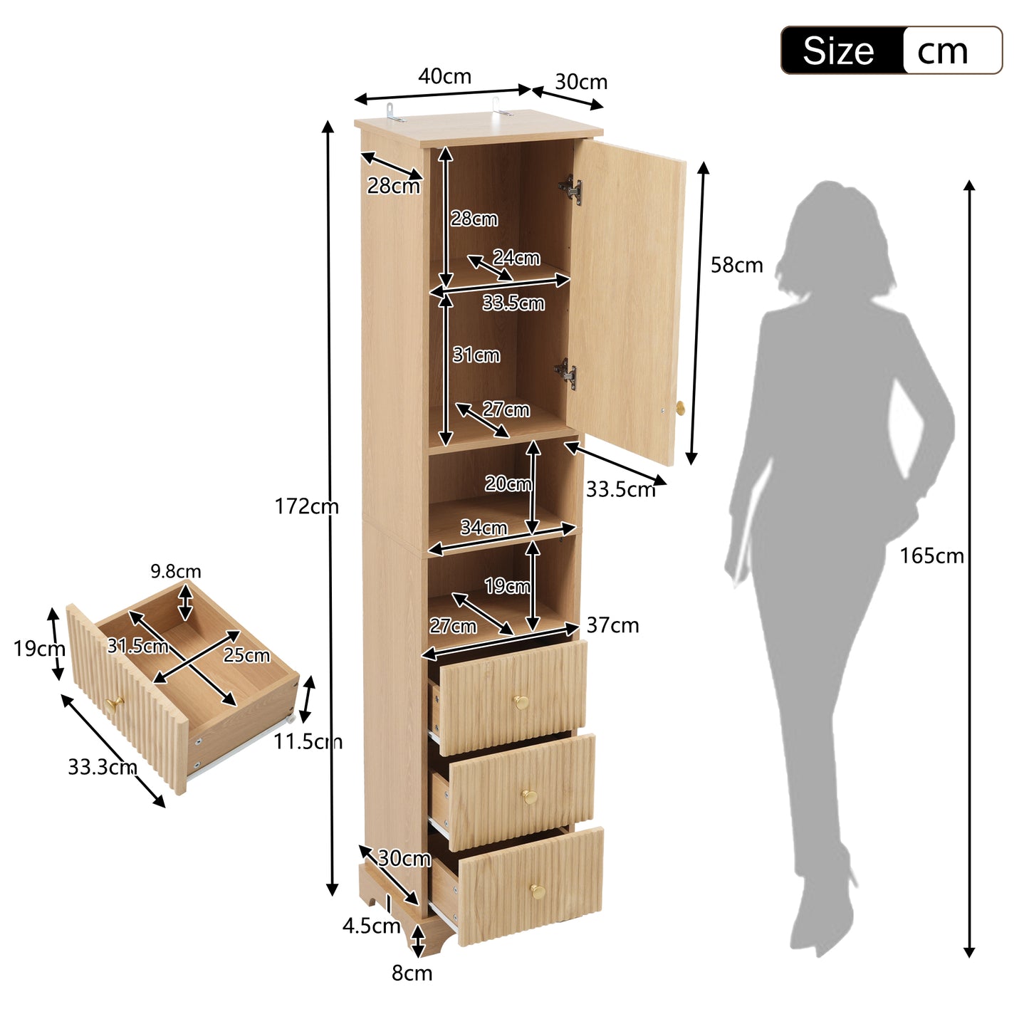 40x30x172cm Bathroom Cabinet, PVC Thermoformed Board, Vertical Stripe Pattern, Three Drawers, One Body, Two Open Shelves, Adjustable Shelves, Natural Wood Color.