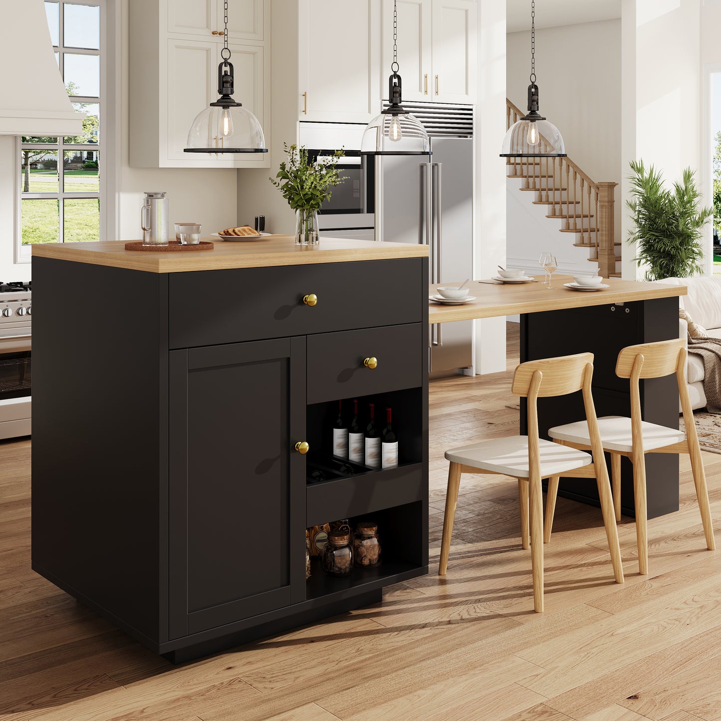 Extendable Bar Table With Storage 122.5-195.5x70x93.8cm, With Three Drawers And Wine Rack, Kitchen Island With Extendable Table, For 2-6 People, Kitchen Dining Cart With Side Shelves, Black