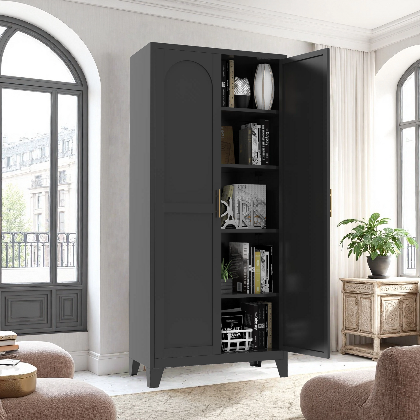 71 2 Shapely Doors Cabinet, Metal Storage Cabinet With Doors And Adjustable Shelves, For Bedroom, Living Room, Kitchen Black