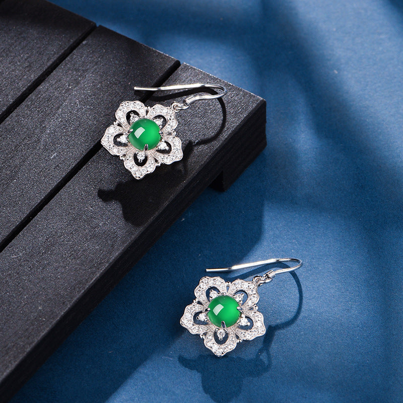 S925 Sterling Silver Flower Dangle Earrings, 6mm Round Green Chrysoprase, Platinum Plated Elegant Women's Jewelry With Gift Box