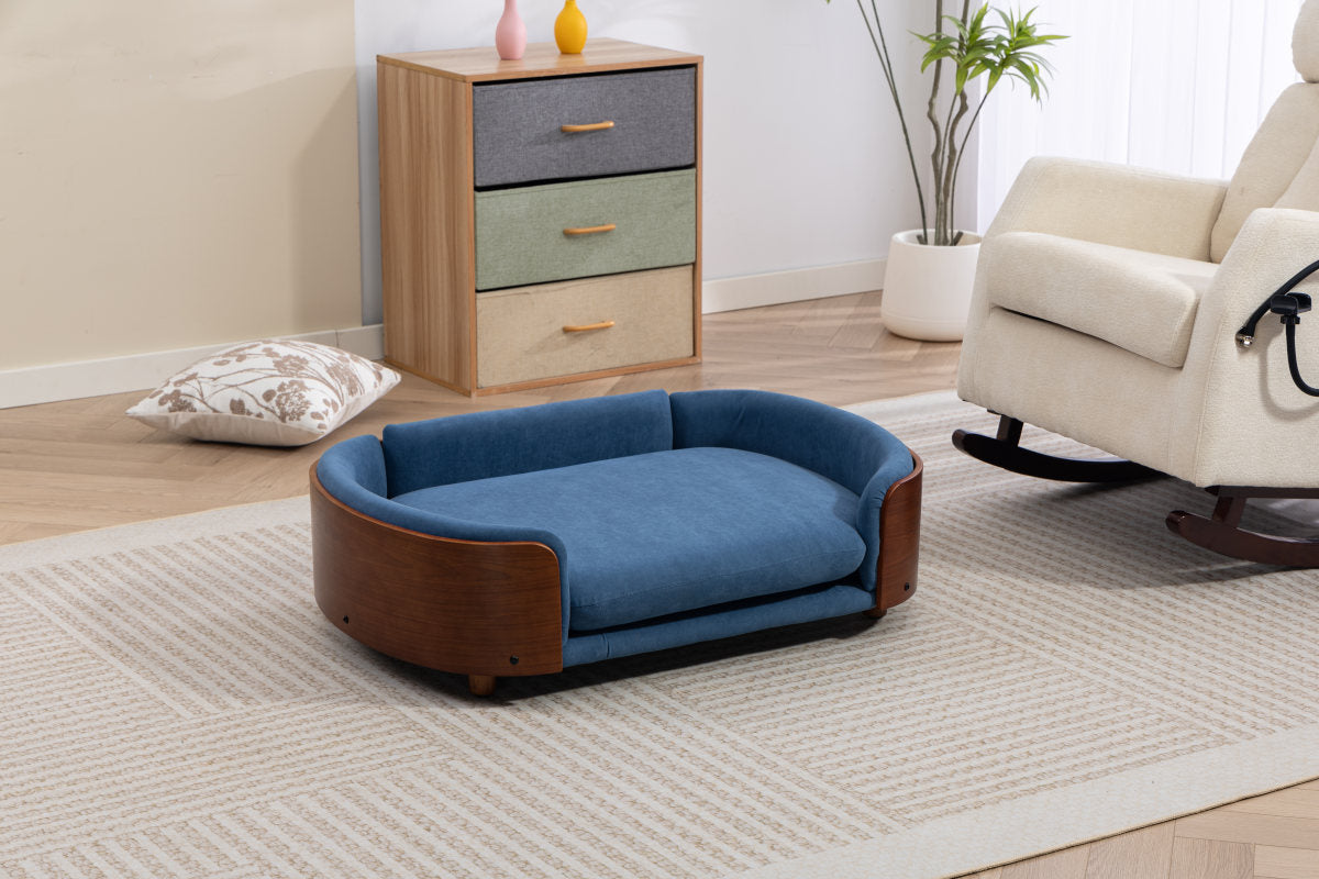 Scandinavian style Elevated Dog Bed Pet Sofa With Solid Wood legs and Walnut Bent Wood Back, Velvet Cushion,Large Size