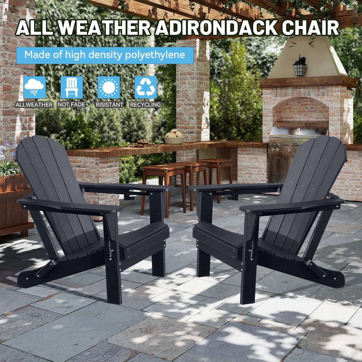 Adirondack Chairs Set Of 2, Plastic Adirondack Chair, Adirondack Chairs, HDPE Adirondack Chair, Folding Adirondack Chairs, Outdoor Chairs With Cup Holder For Lawn Patio Deck Fire Pit -Black