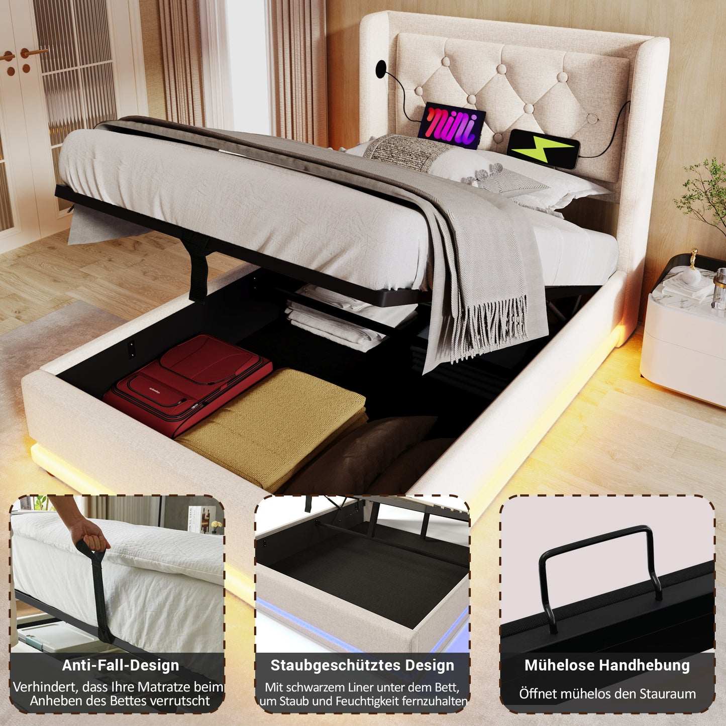 Upholstered Bed Single Bed 90x200 Cm, Beige Cotton Material Hydraulic Storage Bed, Upholstered Headboard With USB Type-C Charging Function, 3-Sided LED Function Without Mattress