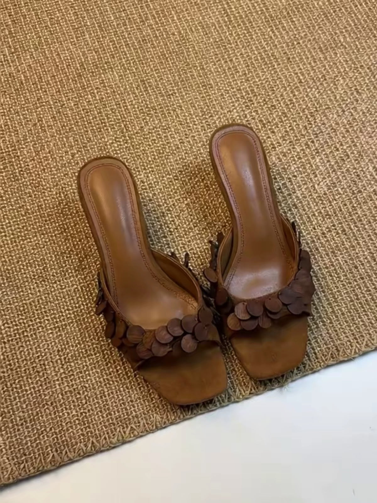 2026 New Women French Scale Texture Square Toe Stiletto Mules, Vintage One Strap Slide Sandals, Outdoor High Heel Slippers