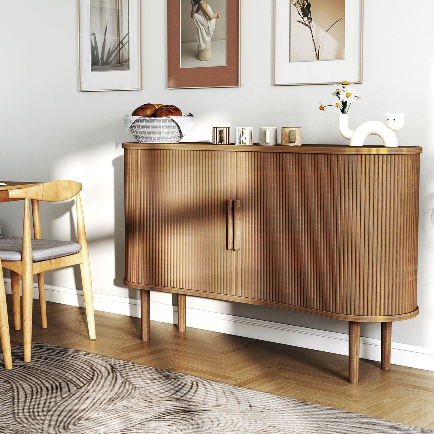 55in Storage Sideboard Modern Fluted Buffet Cabinet With Sliding Door And Solid Wood Legs For Kitchen Living Room Bedroom
