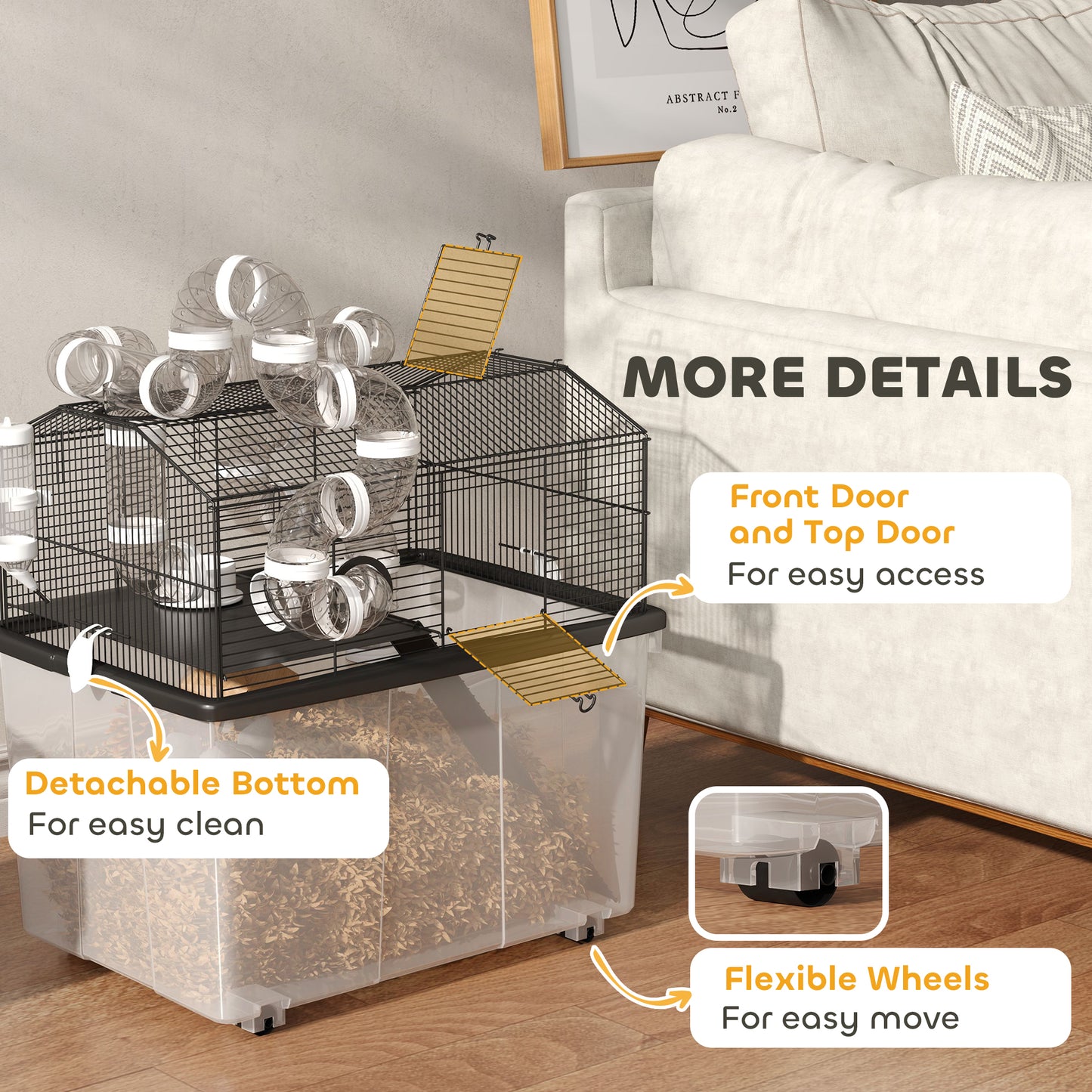 2 Tier Hamster Cage with 12" Deep Tray, Tube System, Water Bottle, Ramp, Feeding Bowl, 23" x 17" x 22", Black